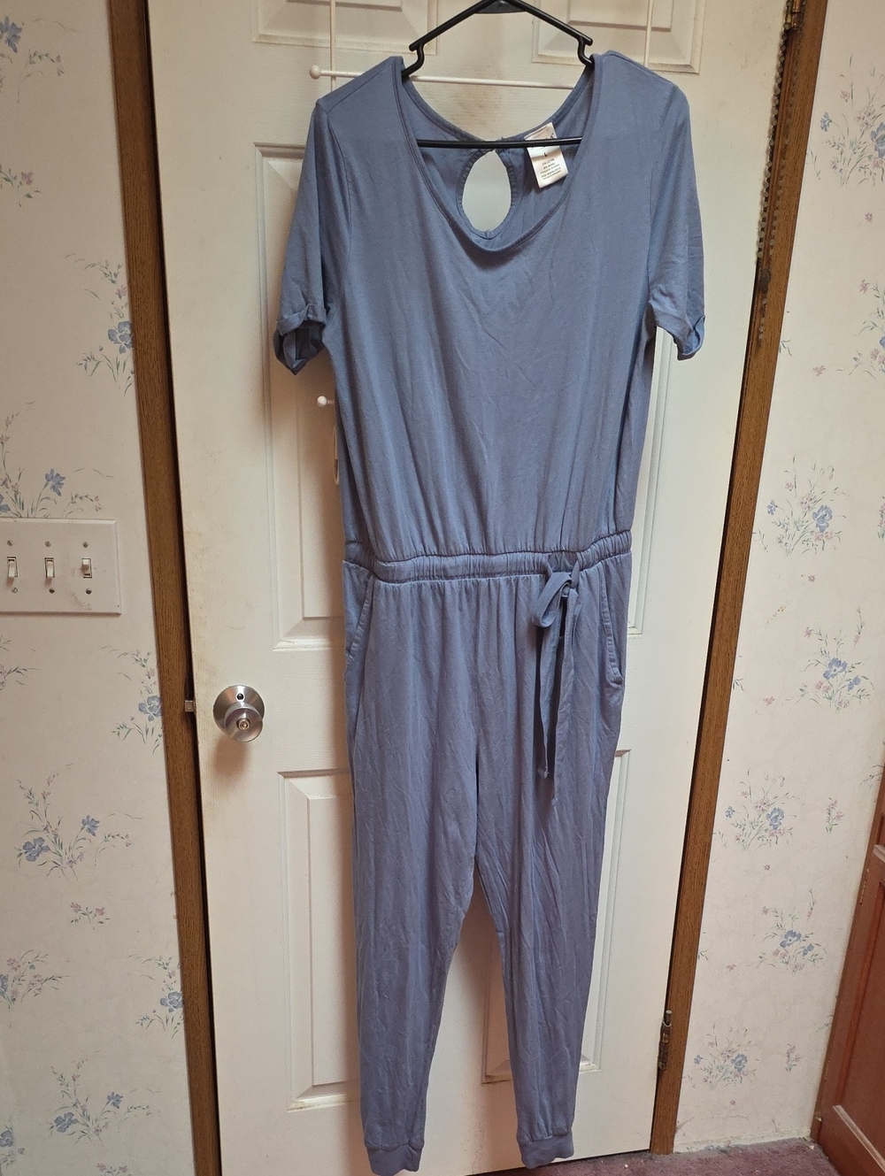 Serra Dusty Blue Short-Sleeve Jumpsuit with Tie Waist